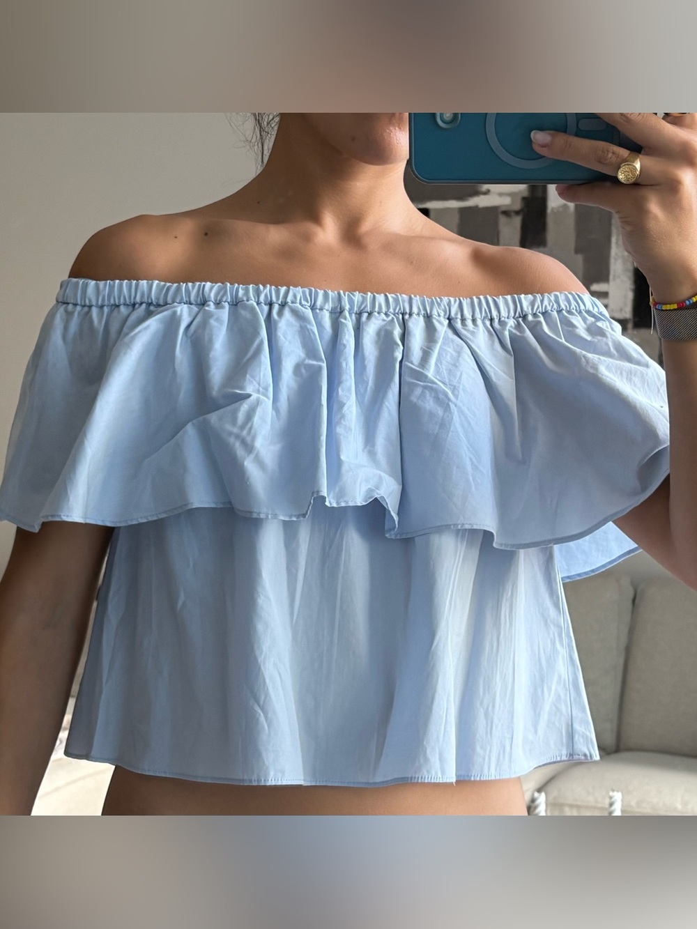 Bershka Light Blue Off-Shoulder Ruffle Top